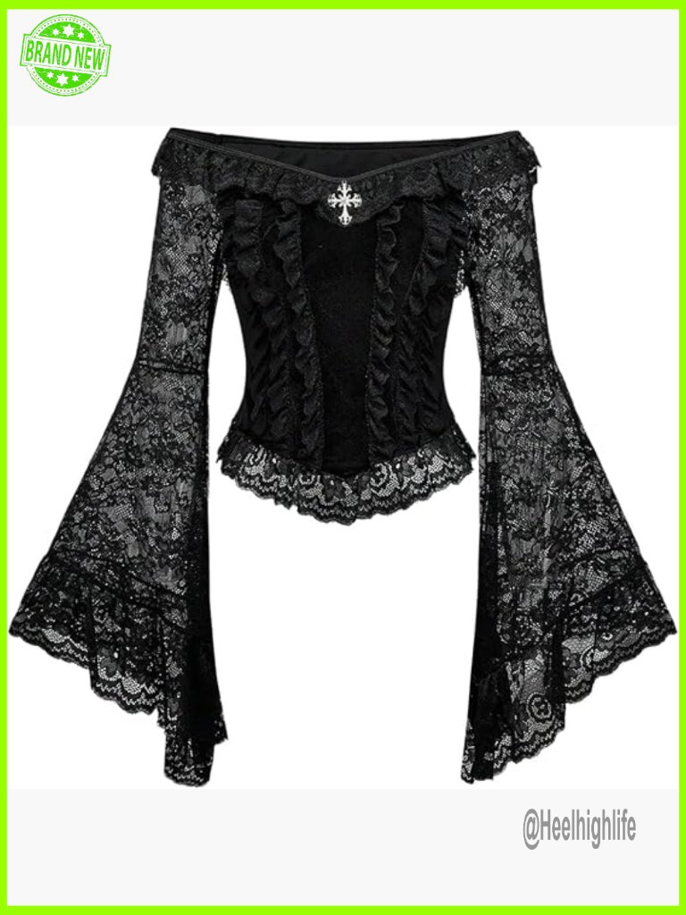70s Renaissance Gothic Off Shoulder Crop Top Bell Flared Lace Mesh